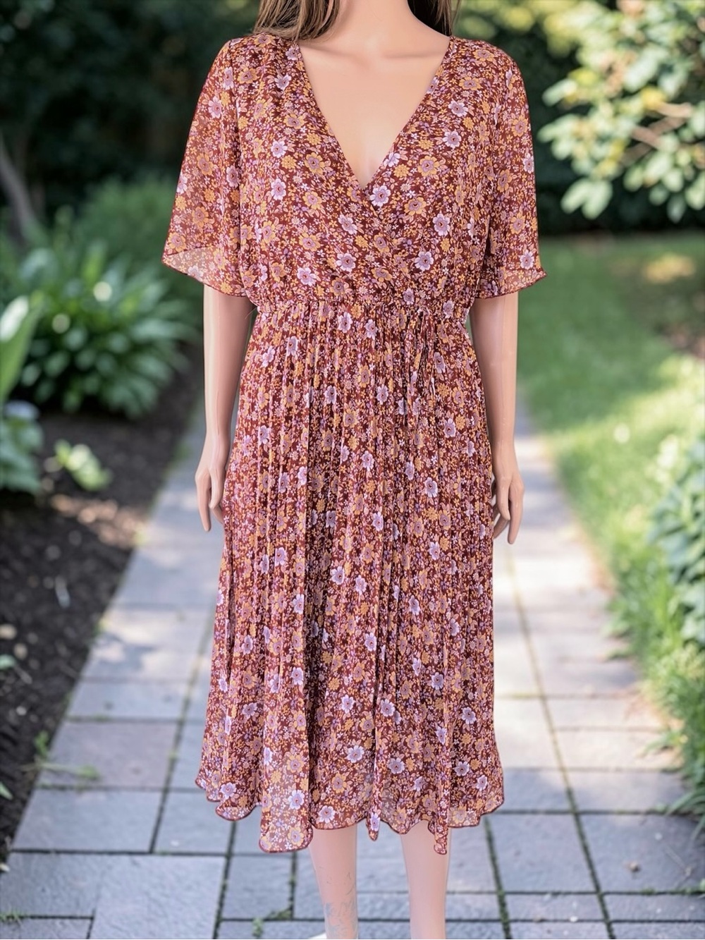 Indigo Rose Floral Midi Dress Rust Boho Sheer Overlay Lined Size Large